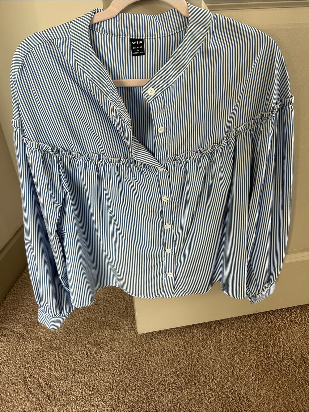 SHEIN Blue and White Pinstripe Ruffle Yoke Button-Down Top
